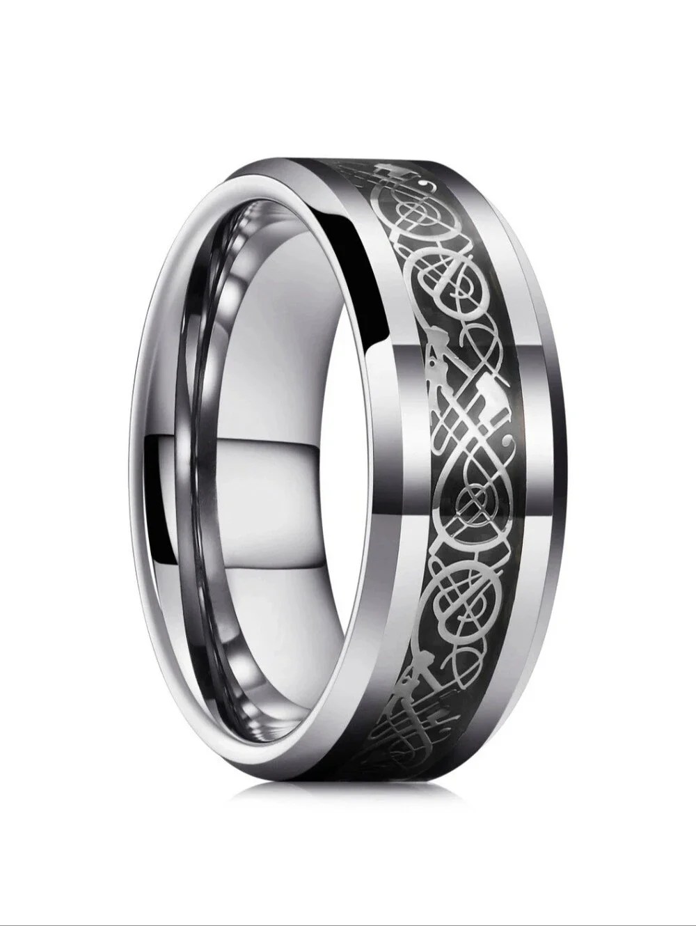 Silver Tungsten Black Dragon Carbon Fiber Inlay 8mm Wide Beveled Edge Band Ring
